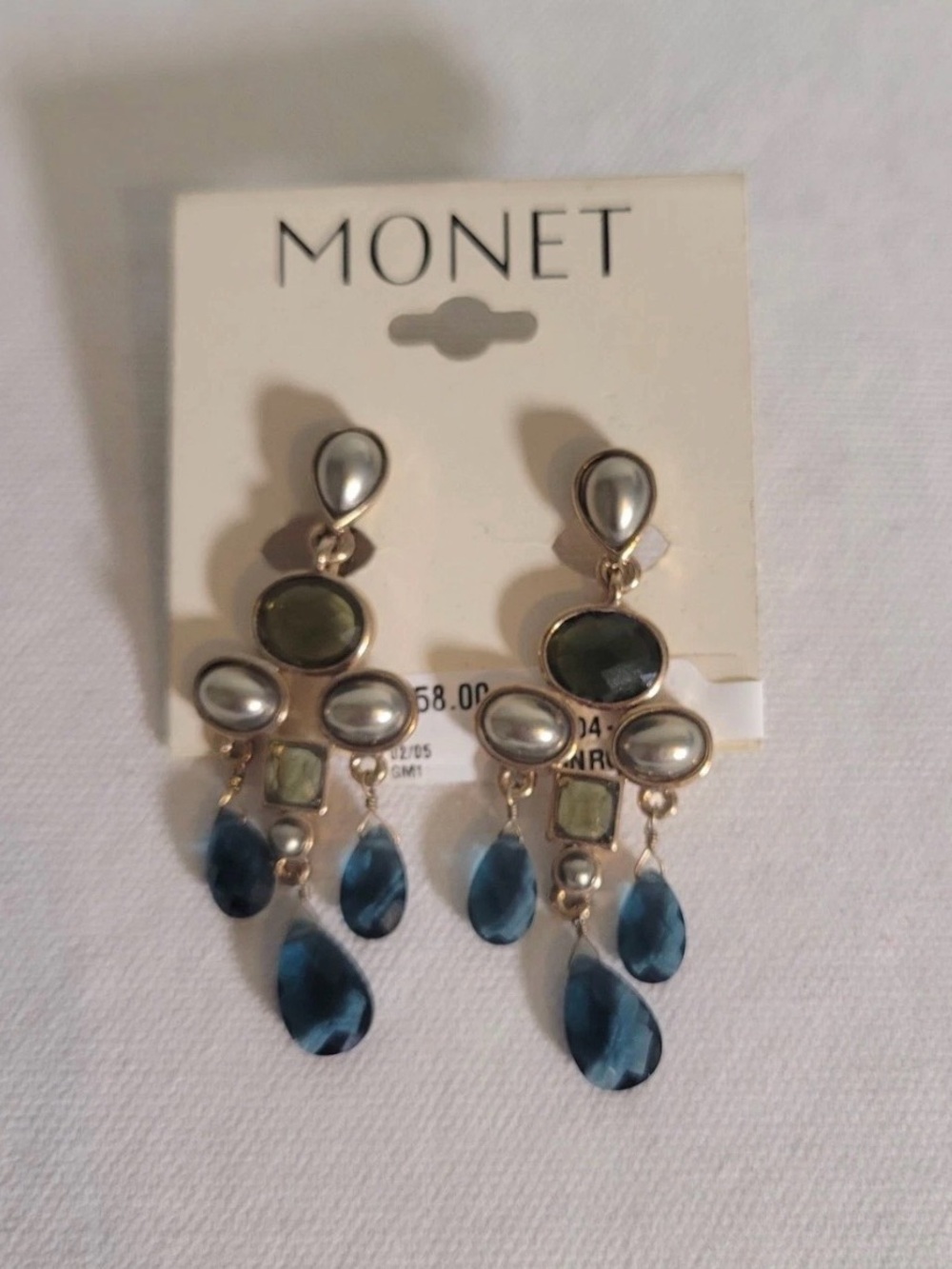 Monet Clip On Chandelier Earrings Green Blue Faceted Crystal Drop Dangle NWT